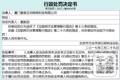 廈門章魚互動(dòng)因違反《互聯(lián)網(wǎng)文化管理暫行規(guī)定》被處以3000元罰款